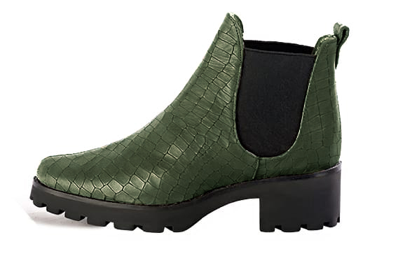 Forest green and matt black women's ankle boots, with elastics. Round toe. Low rubber soles. Profile view - Florence KOOIJMAN